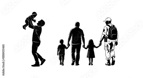 Diverse Father Figures and Children Silhouettes Celebrating Family Bonds and Unity