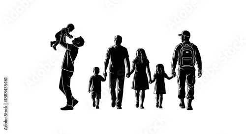 Diverse Family Silhouettes Walking Together, Representing Unity and Support