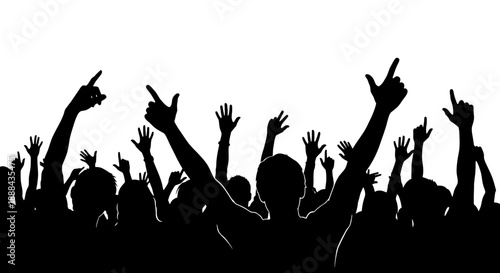 Silhouette of a cheering crowd with hands raised in excitement at a concert or event
