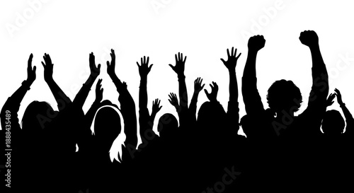 Silhouette of a Cheerful Crowd with Raised Hands in Celebration Vector Graphics