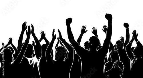 Silhouette of a cheering crowd with raised hands in celebration and excitement