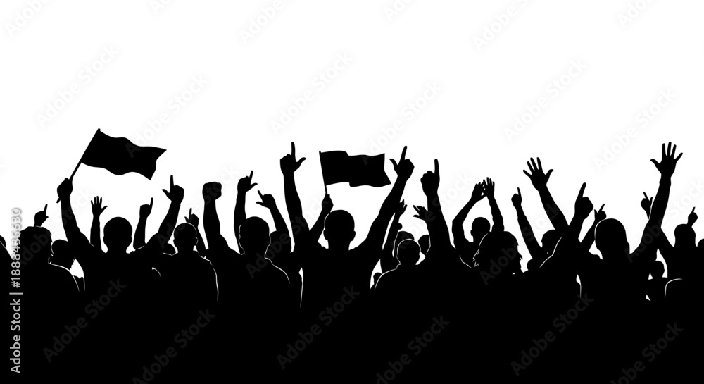 Naklejka premium Silhouette of a Cheering Crowd with Flags at a Concert or Festival