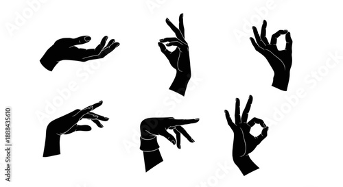 Collection of Black Silhouette Hand Gestures and Poses on White Background