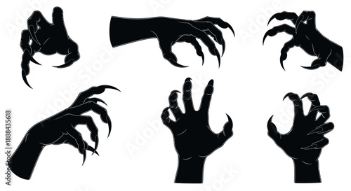 Collection of Black Silhouette Hands with Sharp Claws, Monster or Demon Attack Poses
