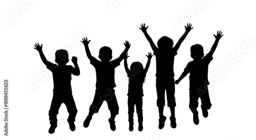 Diverse Group of Children Silhouettes Jumping with Joyful Excitement
