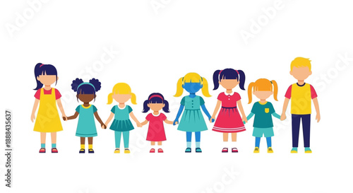 Diverse Group of Happy Children Holding Hands in a Vector Illustration