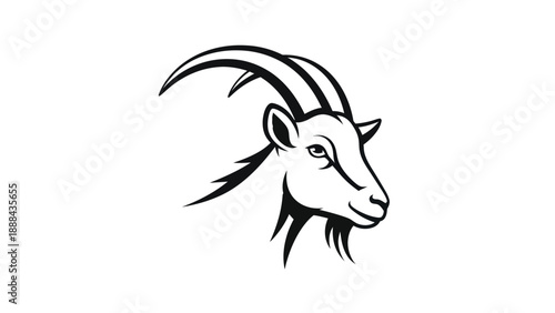 Stylized Goat Head Silhouette, Black and White Line Art Vector