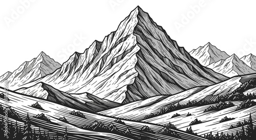 Majestic Snow-Capped Mountain Range with Rolling Hills and Pine Trees in Monochrome