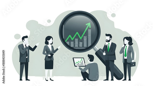 Business team analyzing financial growth chart with magnifying glass vector art on transparent background for market research and data success projects.
