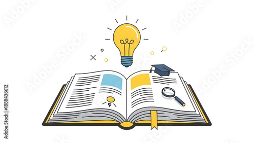 Open book with glowing lightbulb and graduation cap vector art on transparent background for education, learning, and creative knowledge concepts.