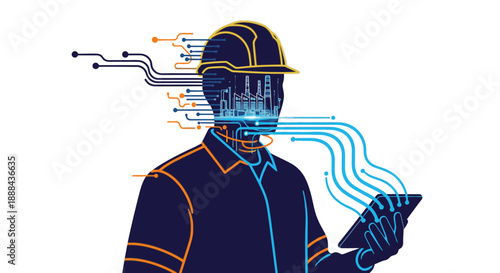 A modern illustration of an industrial engineer in a hard hat, processing digital data with a tablet, symbolizing smart manufacturing, AI, and advanced tech.