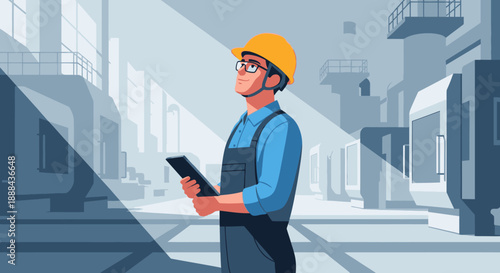 A diligent engineer in a hard hat meticulously inspects the advanced machinery within a modern industrial factory, ensuring operational excellence and safety.