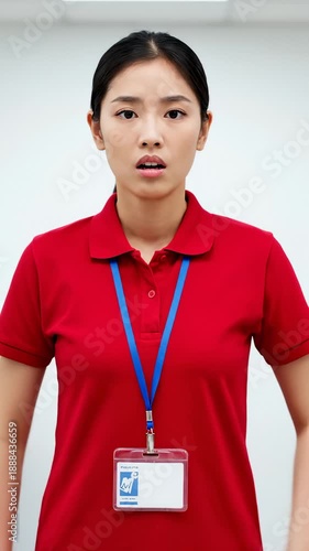 Young Asian Woman Expressing Concern While Adjusting Her Red Polo Shirt