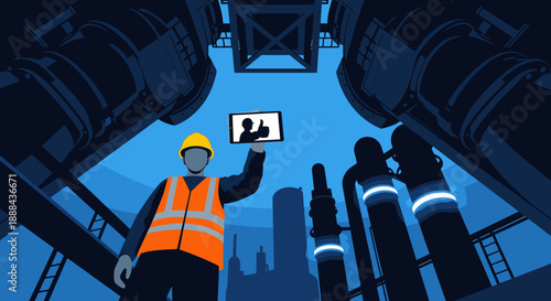 An industrial worker in safety gear holds a tablet showing a thumbs-up, representing successful operations in a vast, blue-toned factory environment.