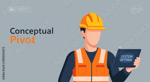 An illustrated concept demonstrating a strategic pivot in engineering or construction, with a worker analyzing system optimal data on a digital tablet.