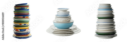 Φωτογραφία Stack of colorful ceramic plates and bowls collection isolated on white backgrou