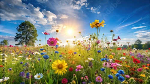 A Vibrant Meadow of Wildflowers Bathed in Golden Sunlight, a Serene Summer Scene