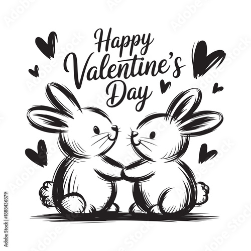 Adorable bunnies holding hands with valentine s day message and hearts in black and white