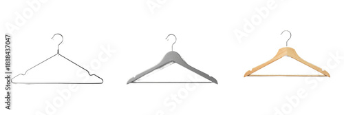 Set of different clothes hangers, collection of metal wire, grey plastic and natural wooden coat hangers isolated on white background