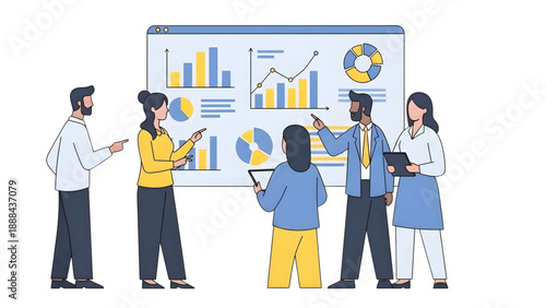 Business team analyzing data dashboard vector art on transparent background for corporate financial reporting and strategy presentations.
