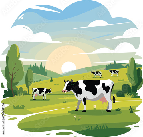 Beautiful landscape with a vast expanse of green field hill and cows are grazing vector on white background.