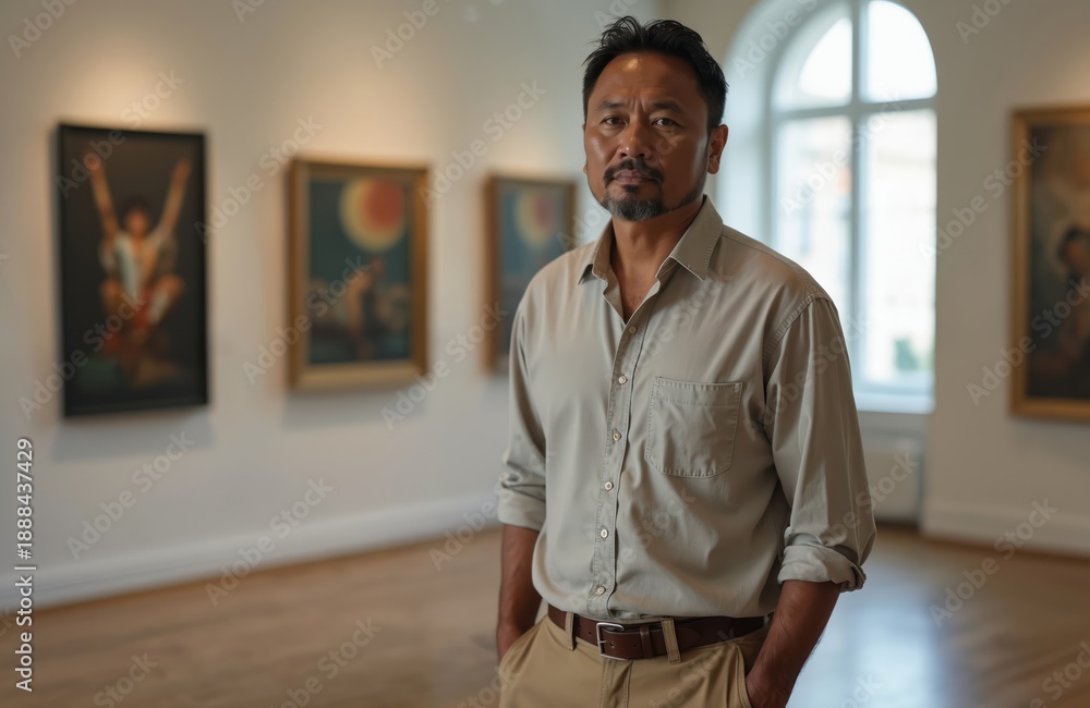 Obraz premium Man stands in art gallery near paintings. He wears casual button-down shirt and khaki pants. Gallery has white walls and wooden floor. He has hands in pockets.