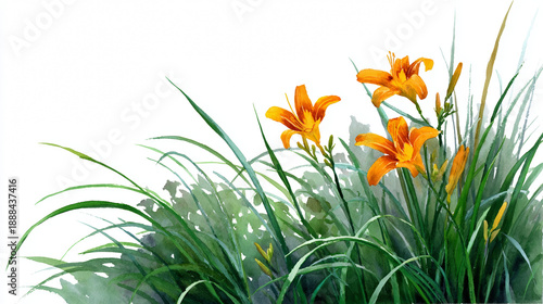 Orange daylilies in green grass watercolor illustration, isolated on white background, summer floral garden border, elegant botanical meadow flowers