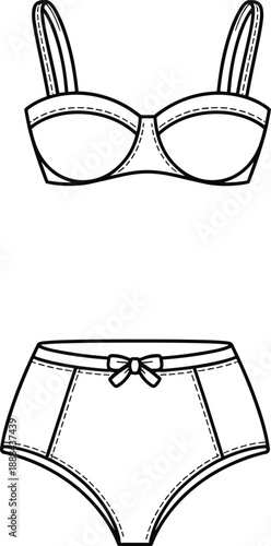 Black and white line of a bra and high-waisted panties with dashed stitching detail and a bow on the front of the underwear