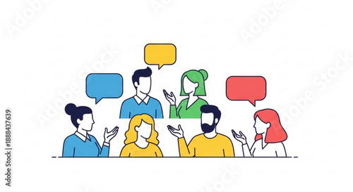 Diverse group of people communicating with colorful speech bubbles in a meeting or discussion setting