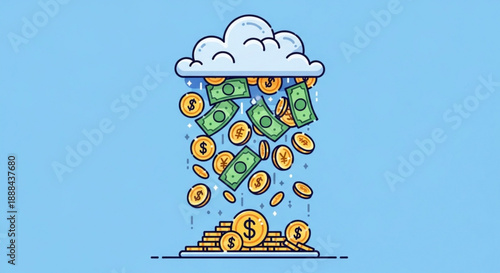 Cartoon rain cloud pouring down money gold coins and dollar bills on a pile of wealth symbolizing financial success and prosperity in a simple blue background