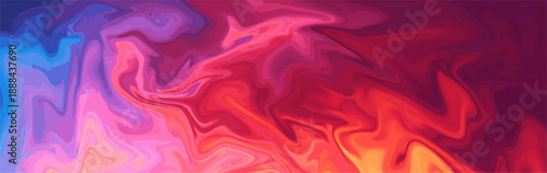A wide, vibrant abstract background featuring a fluid, liquid marble texture. The composition flows dynamically from cool cyan and deep indigo on the left into a fiery heart of magenta, crimson.