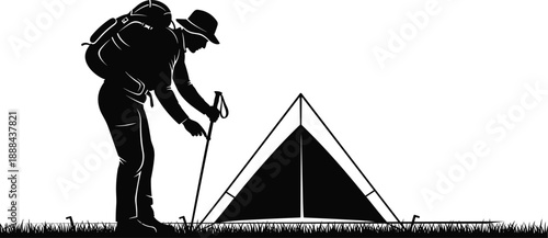 Camping silhouette illustration showing hiker setting up tent with backpack and trekking pole, outdoor adventure scene isolated on white for travel, hiking and survival design use