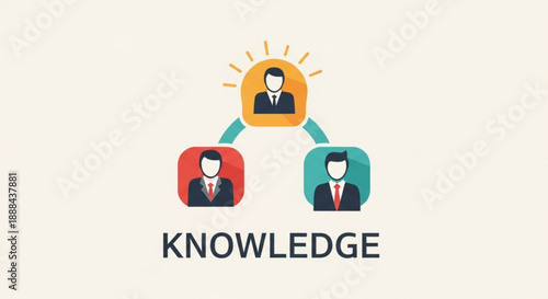 Knowledge sharing concept with three suited professionals exchanging ideas and expertise in a flowchart