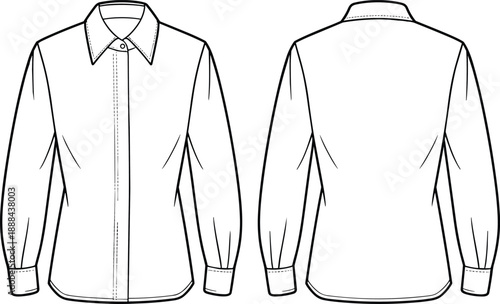 Women classic long sleeve shirt technical fashion sketch showing front and back views with collar, 