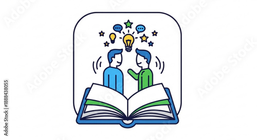 Two people discussing ideas over an open book with lightbulb and stars