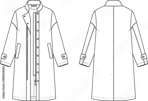 Women long coat technical fashion sketch showing front and back views with stand collar, button and zipper closure, pockets and clean line art outerwear illustration