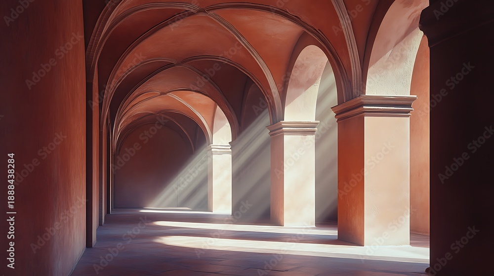 Naklejka premium Elegant arched corridor bathed in sunlight creating shadows and depth