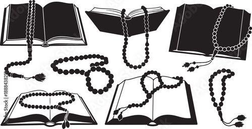 Black and white illustration of books with prayer beads