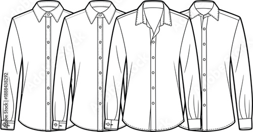 Detailed fashion flat of four different long-sleeved collared dress shirts for men and women showcasing various collar styles and button placket in black and white