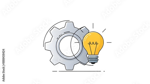 Creative innovation concept vector art with gear and glowing lightbulb on transparent background for engineering and problem solving solutions.