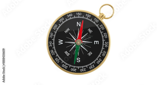 A close-up, isolated view of a golden compass, showing directional markings and needle.