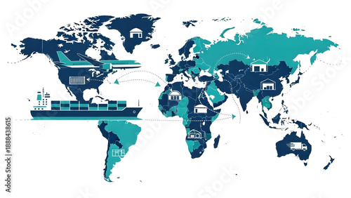 Global logistics network and world map vector art with cargo ship and airplane on transparent background for supply chain business.