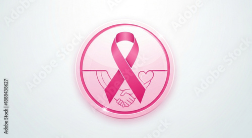 Pink breast cancer awareness ribbon with handshake and heart in a circle on white background for support and fundraising campaigns