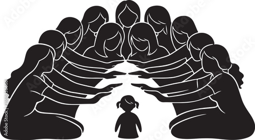 Supportive community hands shielding a small child together safely