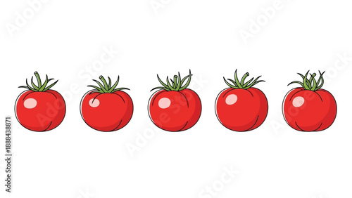 Five vibrant red tomatoes in a row, fresh and ripe.