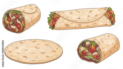 Delicious Hand-Drawn Burritos and Tortilla Wraps Set.