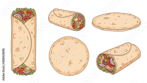 Delicious Hand-Drawn Burritos and Tortillas Set.