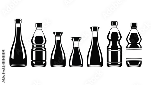 Collection of various soy sauce bottles in black and white illustration.