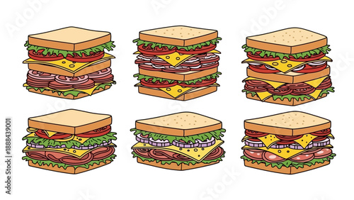 Six delicious stacked sandwiches with various fillings on white background.