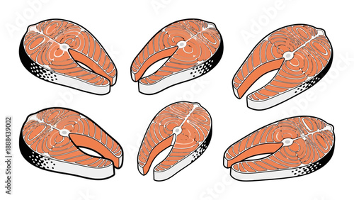 Six fresh salmon steaks arranged on a white background, ready for cooking.